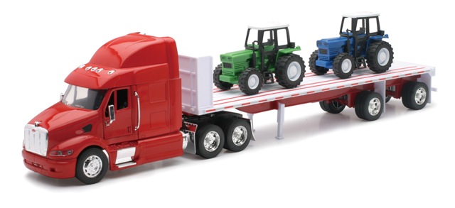 New Ray 10283a Peterbilt 387 Flatbed With Farm Tractor Long Hauler Toy Truck, Pack Of 6