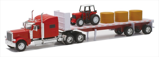 New Ray 10293a Peterbilt 389 Flatbed With Hay And Farm Tractor Long Hauler Toy Truck, Pack Of 6