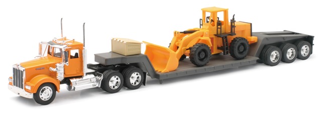 New Ray 10623 Kenworth W900 Lowboy With Construction Wheel Loader Long Hauler Toy Truck, Pack Of 6