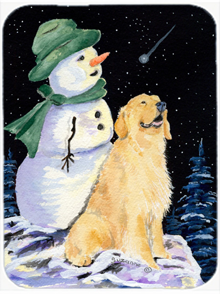 12 X 15 In. Golden Retriever With Snowman In Green Hat Glass Cutting Board, Large
