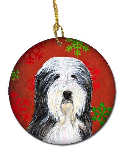Bearded Collie Red Snowflakes Holiday Christmas Ceramic Ornament