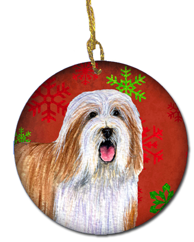 Bearded Collie Red Snowflake Holiday Christmas Ceramic Ornament