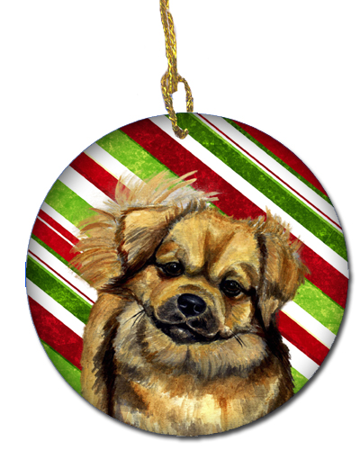 2.81 X 2.81 In. Tibetan Spaniel Candy Cane Holiday Christmas Ceramic Ornament