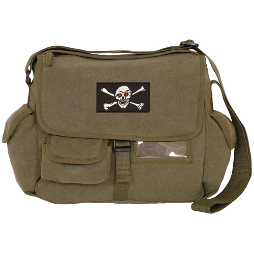 43-073 Retro Messenger Bag With Skull Emblem - Olive Drab
