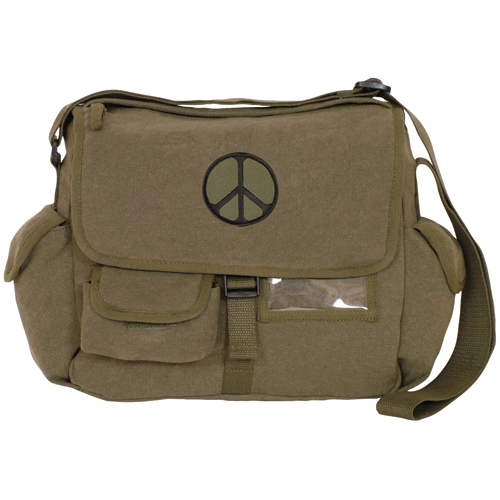43-074 Retro Messenger Bag With Peace Emblem - Olive Drab