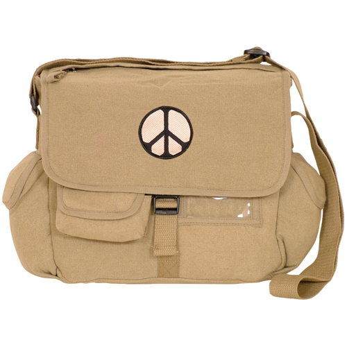 Retro Messenger Bag With Peace Emblem - Khaki