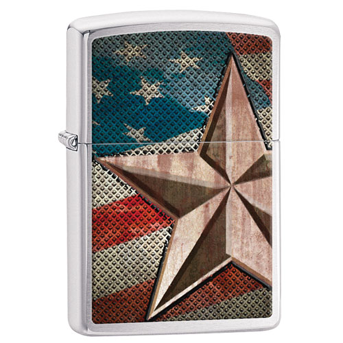 86-28653 Usa Flag Star Zippo Lighter - Brushed Chrome