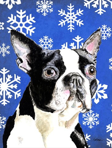 11 X 15 In. Boston Terrier Winter Snowflakes Holiday Garden Size Flag