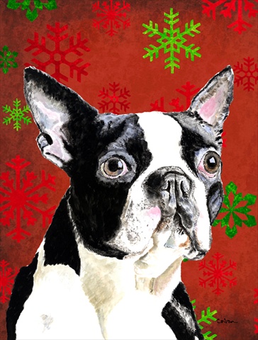 11 X 15 In. Boston Terrier Red Green Snowflakes Christmas Garden Size Flag