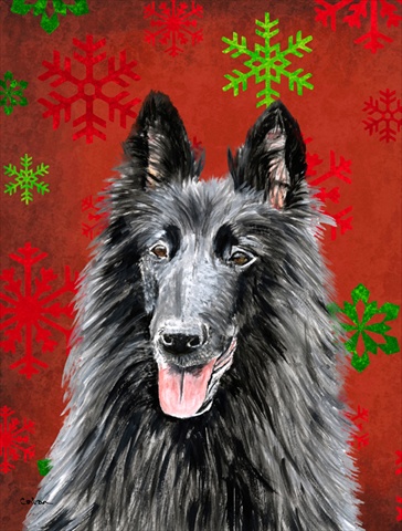 11 X 15 In. Belgian Sheepdog Red And Green Snowflakes Holiday Christmas Flag, Garden Size