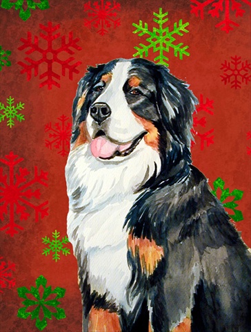 11 X 15 In. Bernese Mountain Dog Red Green Snowflakes Holiday Christmas Flag, Garden Size