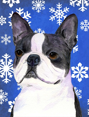 11 X 15 In. Boston Terrier Winter Snowflakes Holiday Flag Garden Size