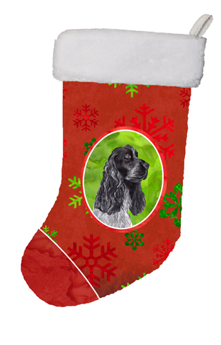 Black Cocker Spaniel Red Snowflakes Holiday Christmas Stocking- 11 x 8 In.