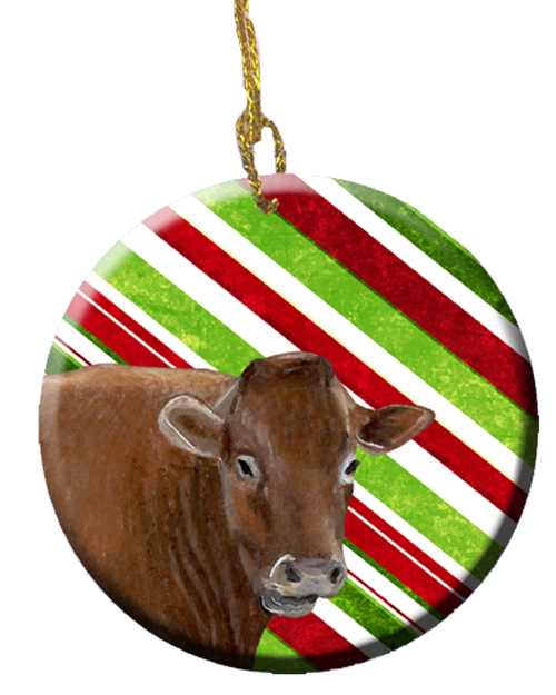 Cow Candy Cane Holiday Christmas Ceramic Ornament, 2.81 Dia