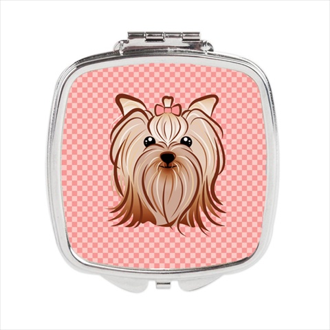 Bb1138scm Pink Checkered Yorkie & Yorkshire Terrier Compact Mirror