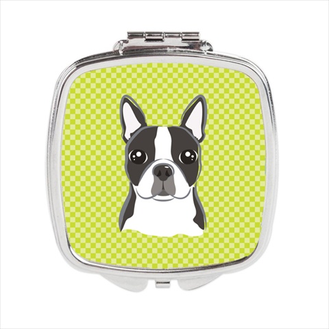 Checkerboard Lime Green Boston Terrier Compact Mirror, 2.75 X 3 X .3 In.