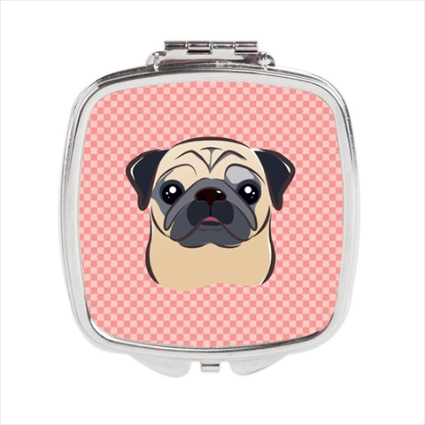 Checkerboard Pink Fawn Pug Compact Mirror, 2.75 X 3 X .3 In.