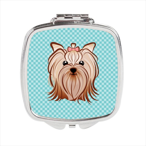 Checkerboard Blue Yorkie Yorkishire Terrier Compact Mirror, 2.75 X 3 X .3 In.