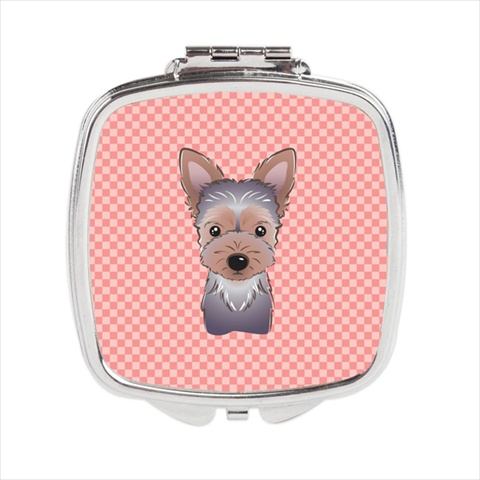Checkerboard Pink Yorkie Puppy Compact Mirror, 2.75 X 3 X .3 In.