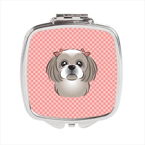 Checkerboard Pink Gray Silver Shih Tzu Compact Mirror, 2.75 X 3 X .3 In.
