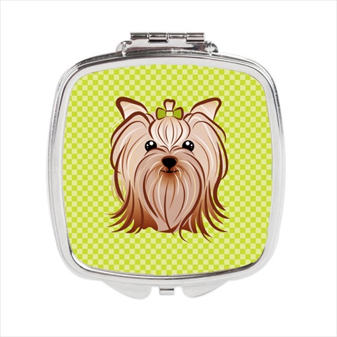 Checkerboard Lime Green Yorkie Yorkishire Terrier Compact Mirror, 2.75 X 3 X .3 In.