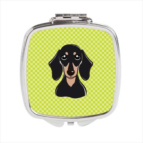Bb1277scm Checkerboard Lime Green Smooth Black And Tan Dachshund Compact Mirror, 2.75 X 3 X .3 In.
