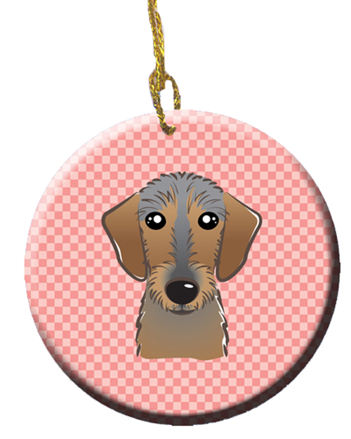 Checkerboard Pink Wirehaired Dachshund Ceramic Ornament, 2.81 In.