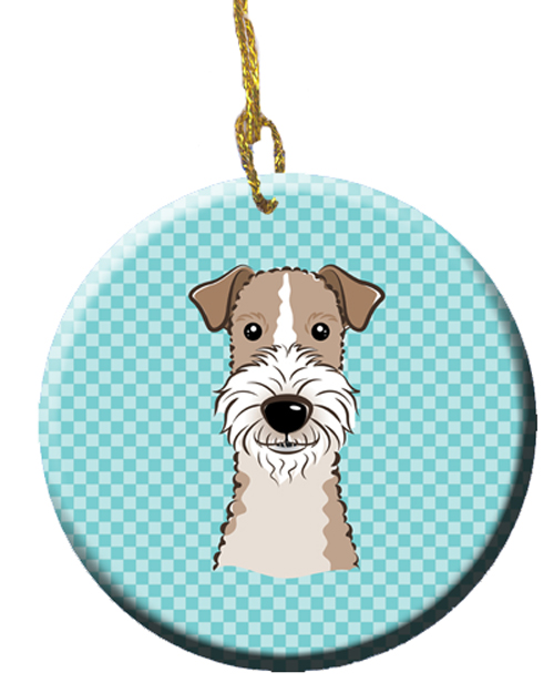 Checkerboard Blue Wire Haired Fox Terrier Ceramic Ornament, 2.81 In.