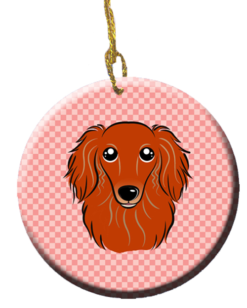 Checkerboard Pink Longhair Red Dachshund Ceramic Ornament, 2.81 In.
