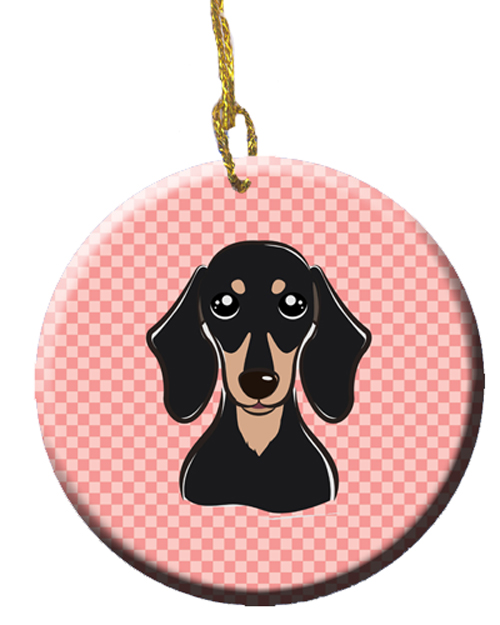Checkerboard Pink Smooth Black And Tan Dachshund Ceramic Ornament, 2.81 In.
