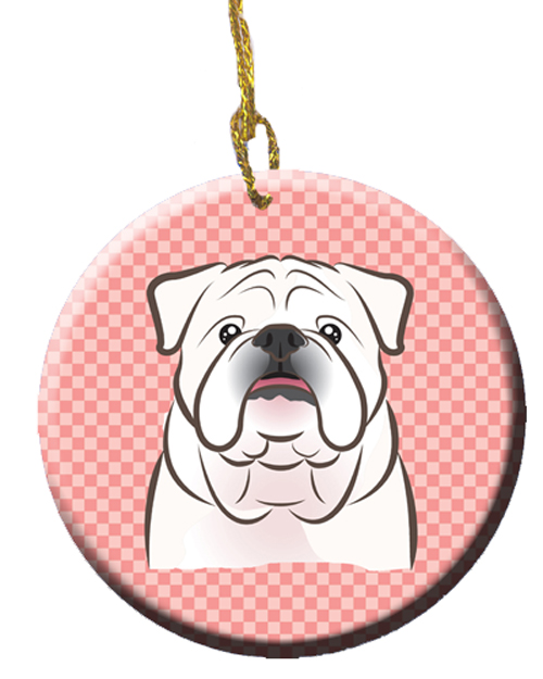 Checkerboard Pink White English Bulldog Ceramic Ornament, 2.81 In.