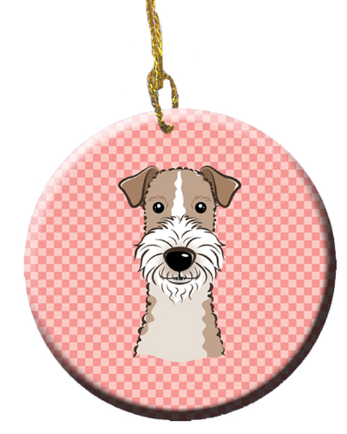 Checkerboard Pink Wire Haired Fox Terrier Ceramic Ornament, 2.81 In.