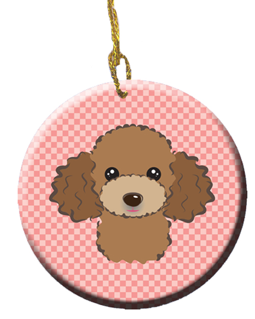 Checkerboard Pink Chocolate Brown Poodle Ceramic Ornament, 2.81 In.