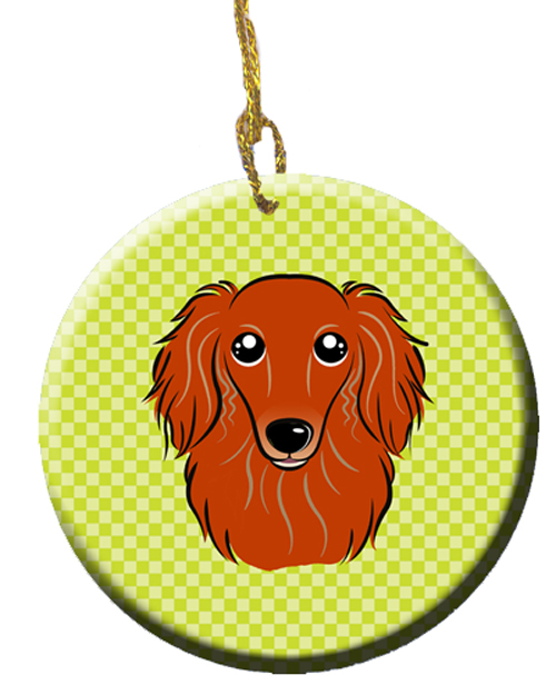 Checkerboard Lime Green Longhair Red Dachshund Ceramic Ornament, 2.81 In.