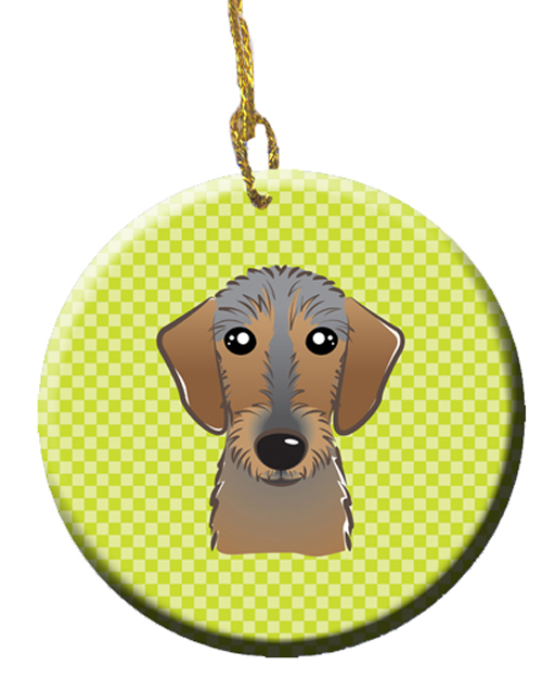 Checkerboard Lime Green Wirehaired Dachshund Ceramic Ornament, 2.81 In.