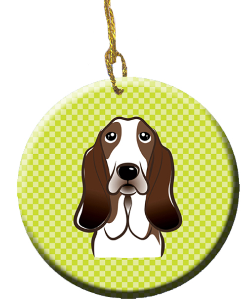 Checkerboard Lime Green Basset Hound Ceramic Ornament, 2.81 In.