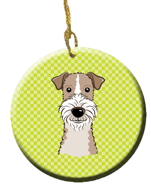 Checkerboard Lime Green Wire Haired Fox Terrier Ceramic Ornament, 2.81 In.