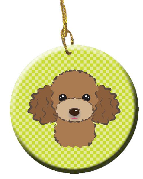 Checkerboard Lime Green Chocolate Brown Poodle Ceramic Ornament, 2.81 In.
