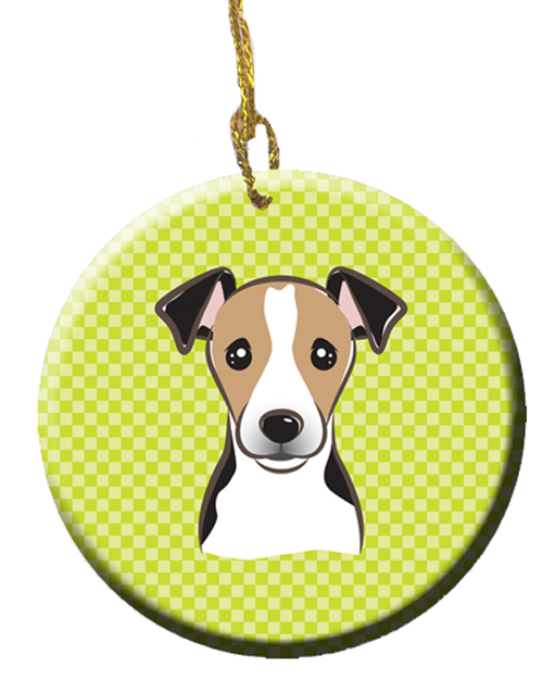 Checkerboard Lime Green Jack Russell Terrier Ceramic Ornament, 2.81 In.