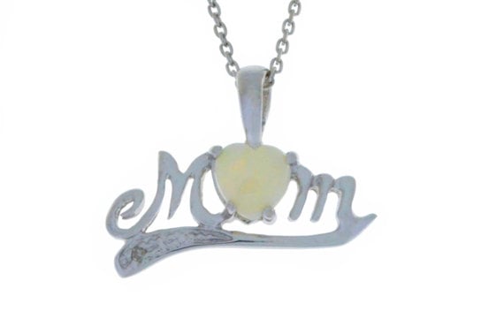 5 Mm. Genuine Opal Heart Shape Mom & Diamond Pendant .925 Sterling Silver