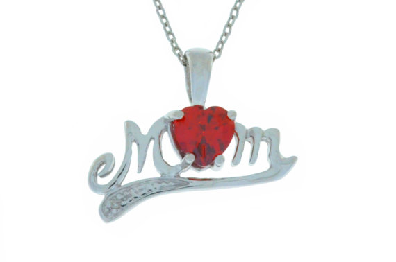 Mom-pendant-garnet 0.50 Ct Garnet Heart Shape Mom & Diamond Pendant .925 Sterling Silver