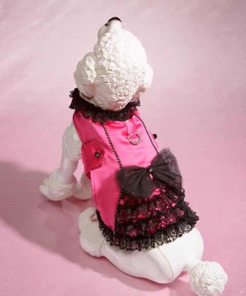Hp804 Satin & Lace Ruffle Doggie Corset Harness Fully Lined, Hot Pink & Black - Xxs