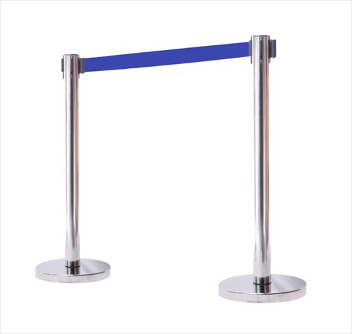 VIP Crowd Control 14 in. Flat Base Mirror Post & Cover Retractable Belt Stanchion - 10 ft. Dark Blue Belt