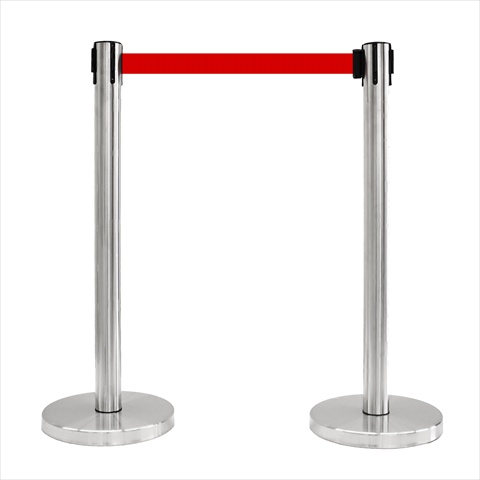VIP Crowd Control 1119-10 14 in. Flat Base Satin Stainless Post &amp; Cover Retractable Belt Stanchion - 10 ft. Red Belt