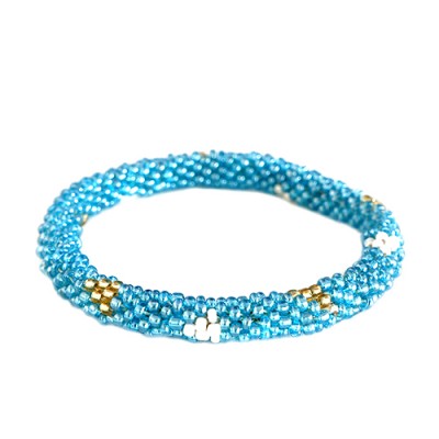 Blue And Gold Mixed Hand Beaded Roll On Bracelet