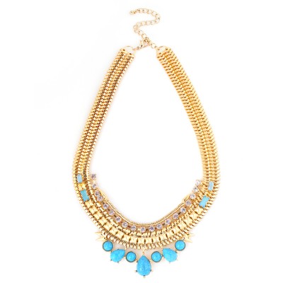 Gold Multicolor Metal Turquoise And White Crystal Necklace And Earring Set