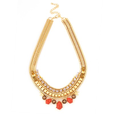 Gold Multicolor Metal Coral With White Crystal Necklace And Earring Set