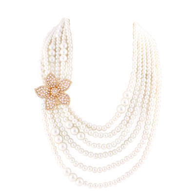 Gold Flower With White Crystals Pearl Necklace