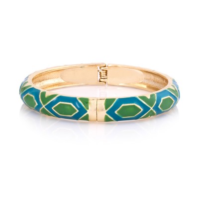 Gold Multicolor Turquoise And Green Enamel Hinged Bracelet
