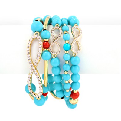 Gold Multi Coral And Turquoise Five Row Crystal Bracelet